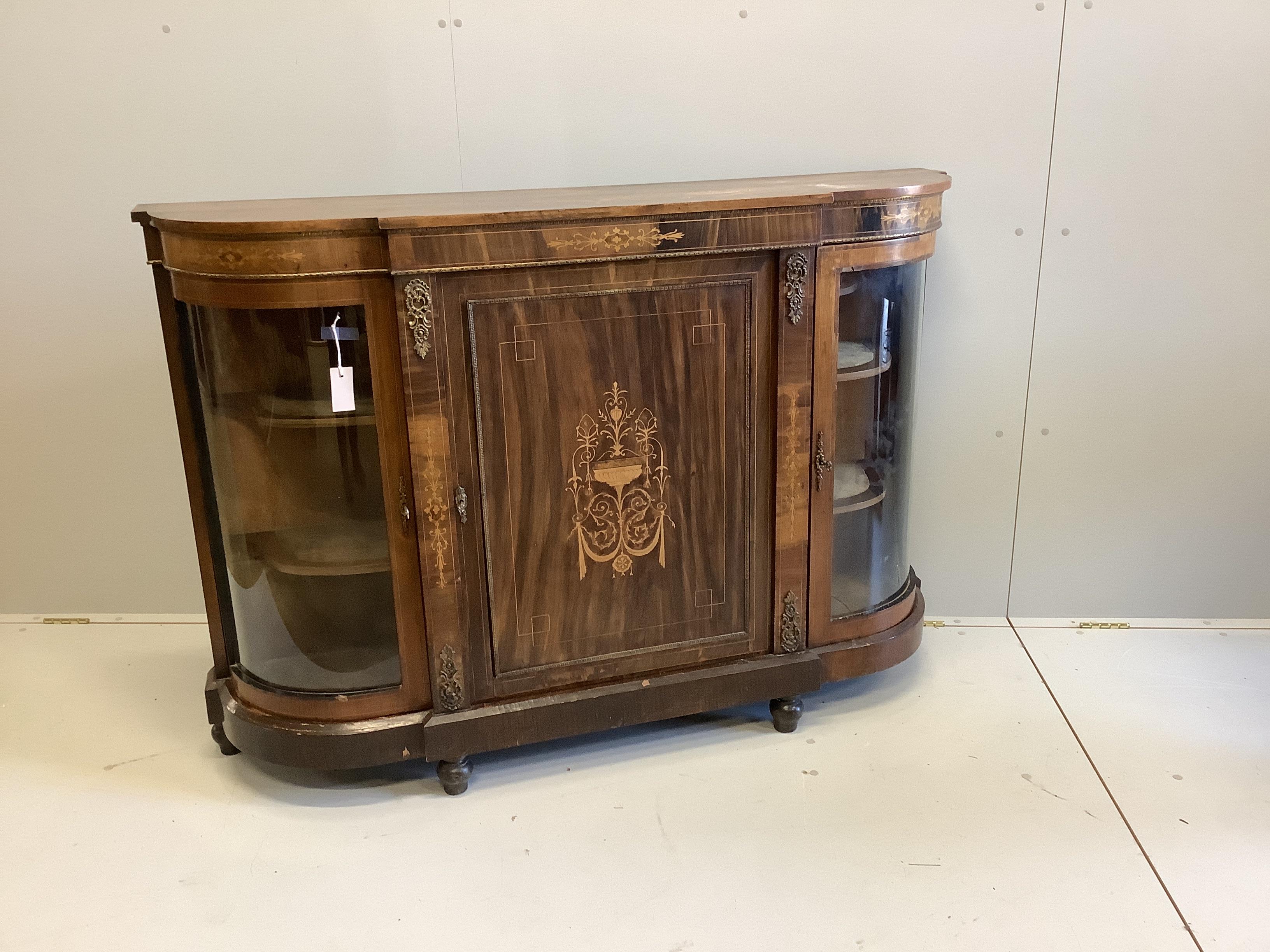 A Victorian gilt metal mounted marquetry inlaid and simulated walnut credenza, width 149cm, depth 37cm, height 103cm